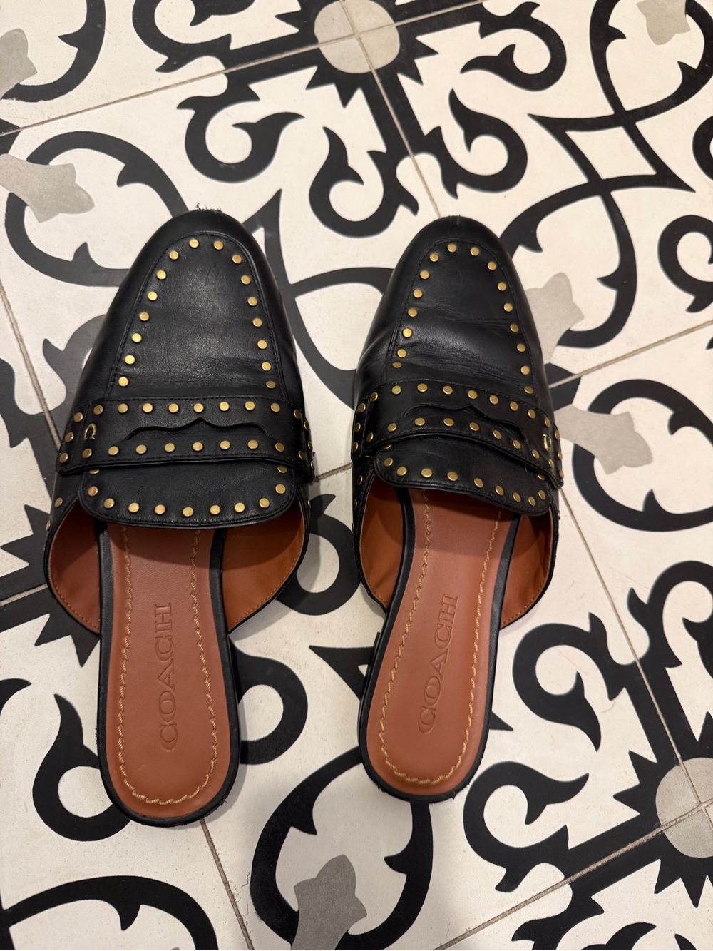 Coach Black Leather Studded Slide Mules